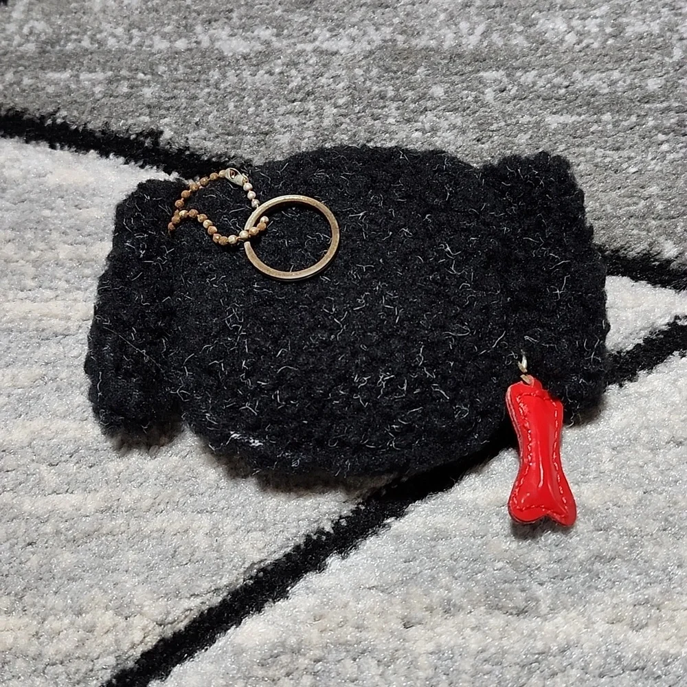 VINTAGE SHERPA DOG RED FAUX-LEATHER DOG BONE ZIP-CHARM COIN POUCH KEYCHAIN